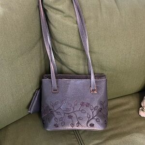 Lovely gray/ silver satin embroidered purse with change purse